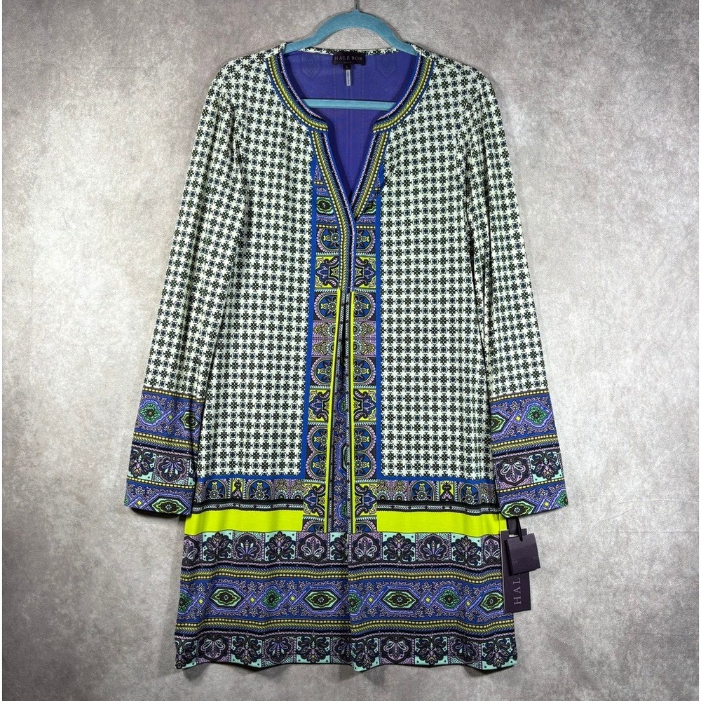 Hale Bob Dress Womens Large Purple Blue Geometric Paisley Mesh‎ NEW Shift Artsy